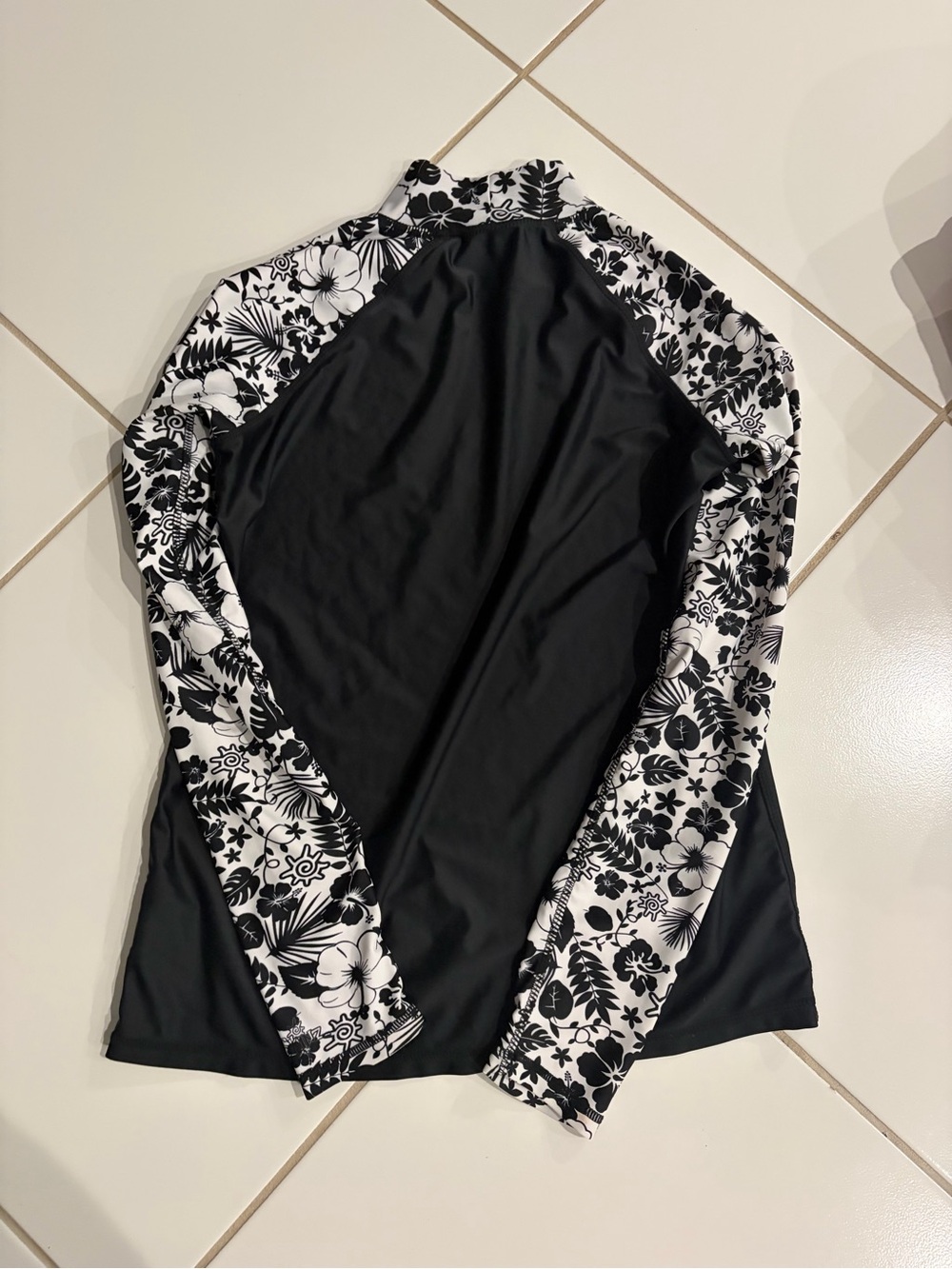 Women's Black Floral-Trim Swim Coverup Rash Guard